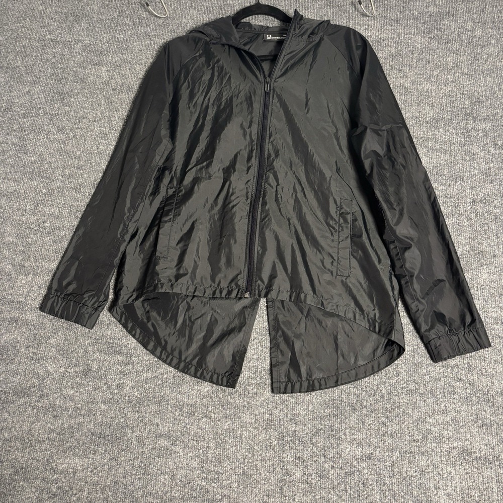Under Armour Windbreaker Jacket Womens Small Black Full Zip Hooded Split Back